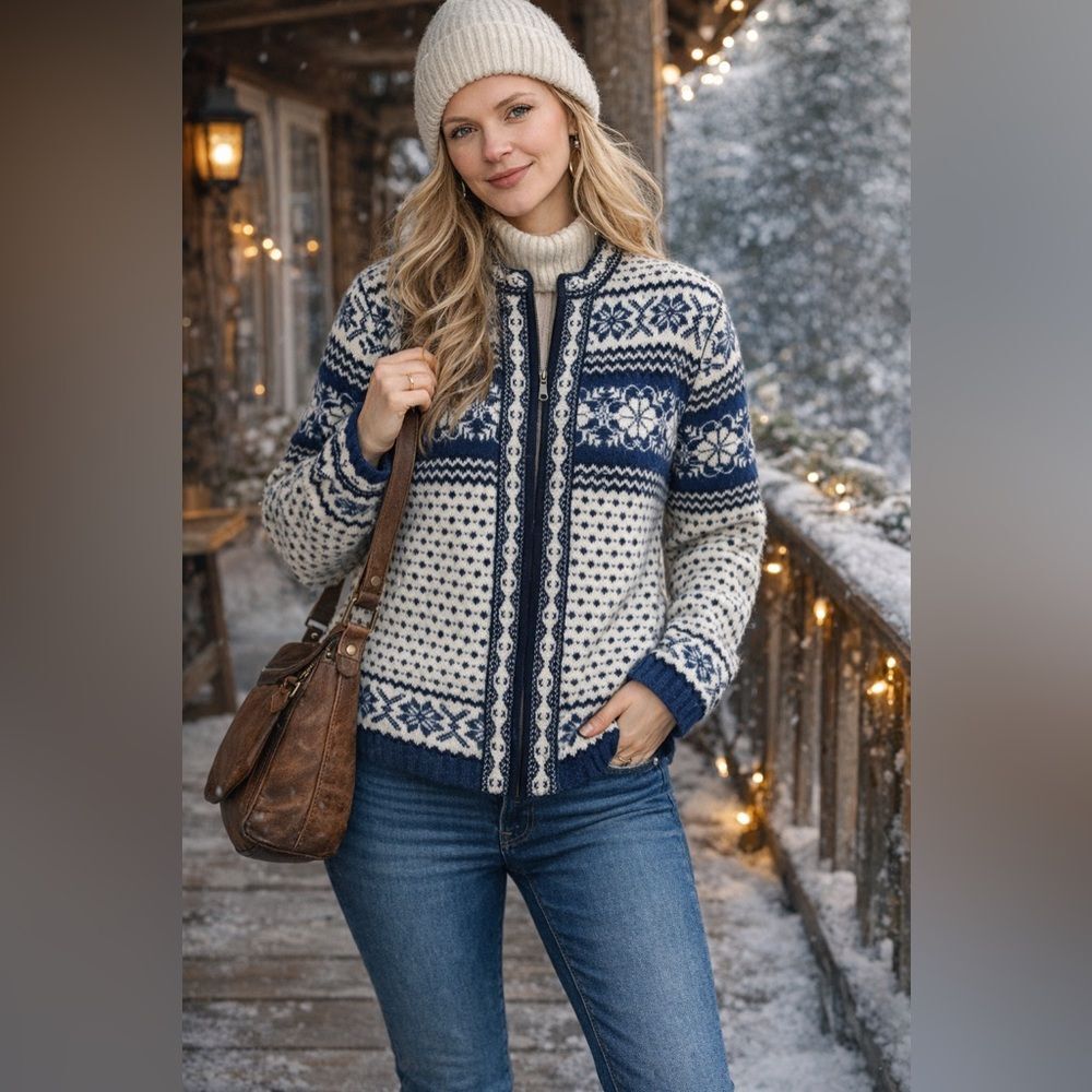 People Nordic Fair Isle Zip Cardigan Blue & Cream Size PL